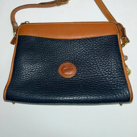 Vintage Dooney & Bourke All Weather Leather Crossbody/Satchel in Dk Blue/Tan - Picture 1 of 16